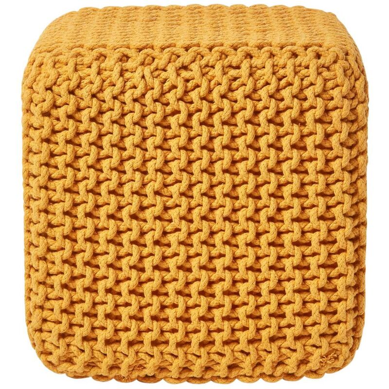 Mustard Cube Cotton Knitted Pouffe Footstool - Homescapes
