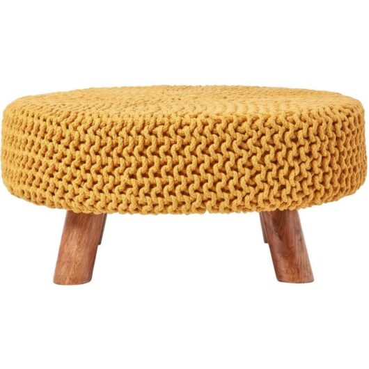 Mustard Large Round Cotton Knitted Footstool on Legs - Homescapes