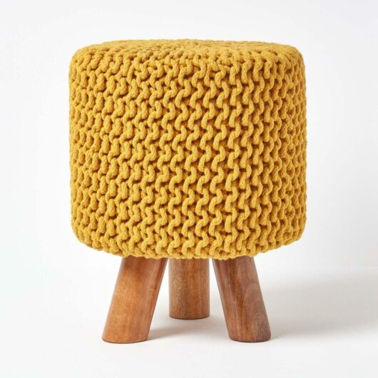 Mustard Tall Cotton Knitted Footstool on Legs - Homescapes