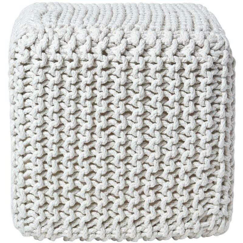 Natural Cube Cotton Knitted Pouffe Footstool - Homescapes