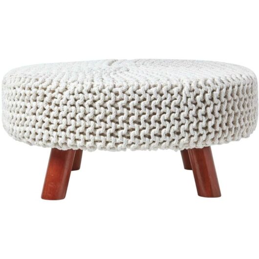 Natural Large Round Cotton Knitted Footstool on Legs - Homescapes