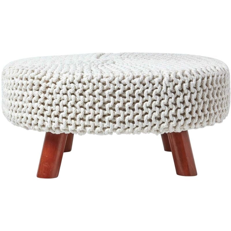 Natural Large Round Cotton Knitted Footstool on Legs - Homescapes