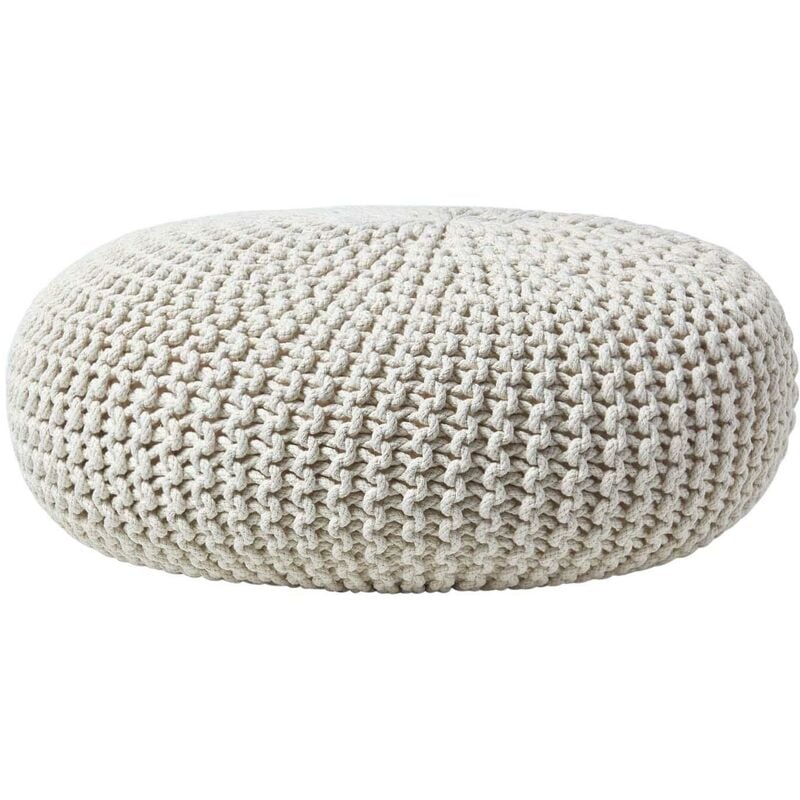 Natural Large Round Cotton Knitted Pouffe Footstool - Homescapes