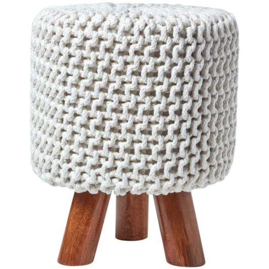 Natural Tall Cotton Knitted Footstool on Legs - Homescapes