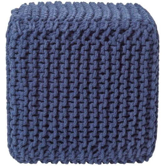 Navy Blue Cube Cotton Knitted Pouffe Footstool - Homescapes