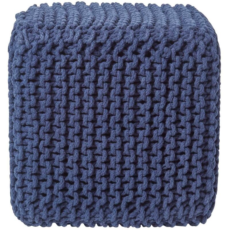 Navy Blue Cube Cotton Knitted Pouffe Footstool - Homescapes