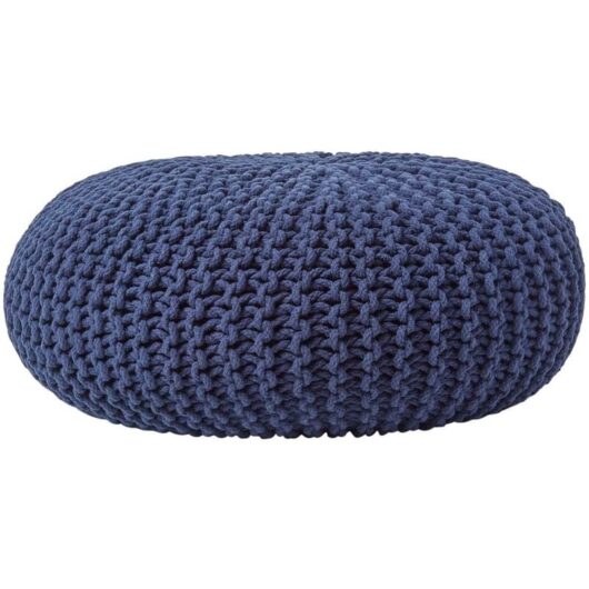 Navy Blue Large Round Cotton Knitted Pouffe Footstool - Homescapes
