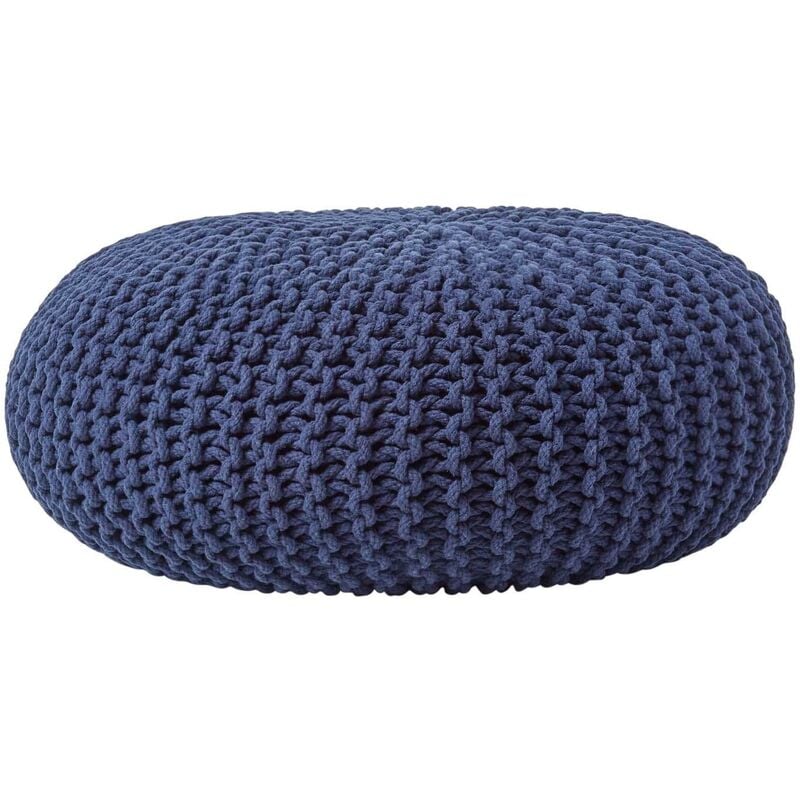 Navy Blue Large Round Cotton Knitted Pouffe Footstool - Homescapes