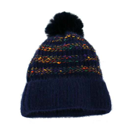 Navy Knitted Hat With Multicolored Knit Detail