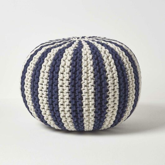 Navy and White Knitted Pouffe Striped Footstool 40 x 50 cm - Homescapes