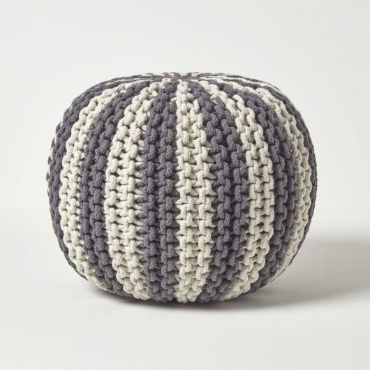 Off White and Grey Knitted Pouffe Striped Footstool 35 x 40 cm - Homescapes