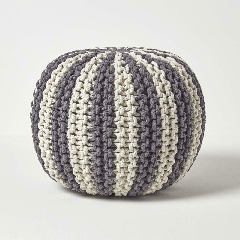 Off White and Grey Knitted Pouffe Striped Footstool 35 x 40 cm - Homescapes