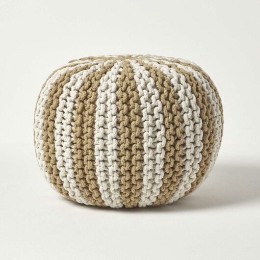 Off White and Linen Knitted Pouffe Striped Footstool 35 x 40 cm - Homescapes