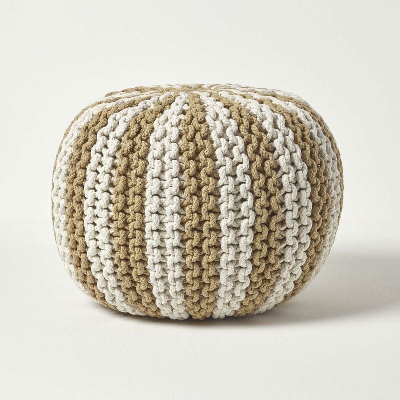 Off White and Linen Knitted Pouffe Striped Footstool 35 x 40 cm - Homescapes