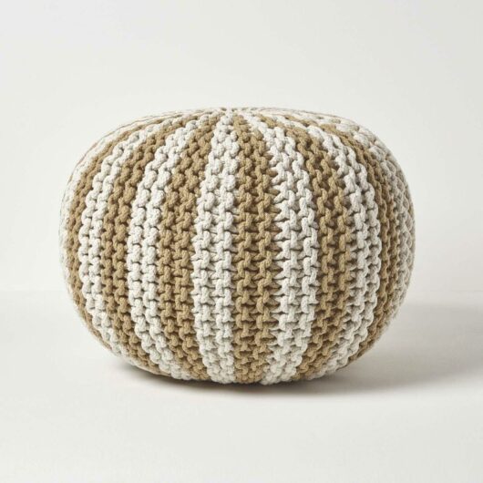 Off White and Linen Knitted Pouffe Striped Footstool 40 x 50 cm - Homescapes