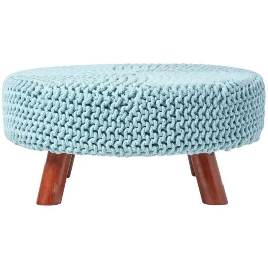 Pastel Blue Large Round Cotton Knitted Footstool on Legs - Homescapes