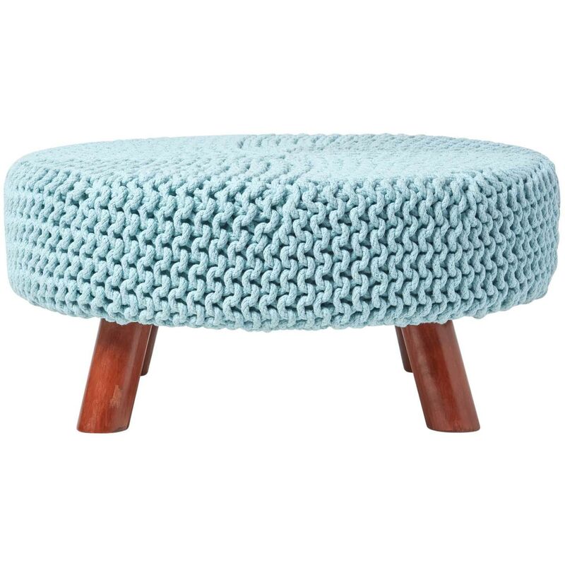 Pastel Blue Large Round Cotton Knitted Footstool on Legs - Homescapes