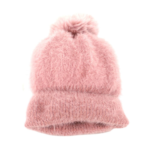 Pink Textured Fluffy Knit Hat With Pompom Detail