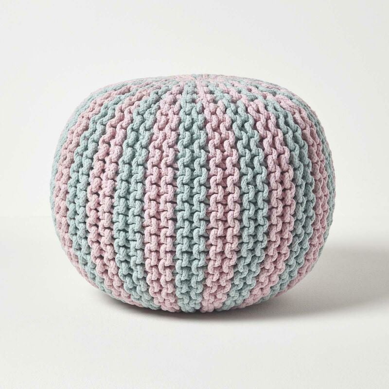 Pink and Blue Knitted Pouffe Striped Footstool 35 x 40 cm - Homescapes