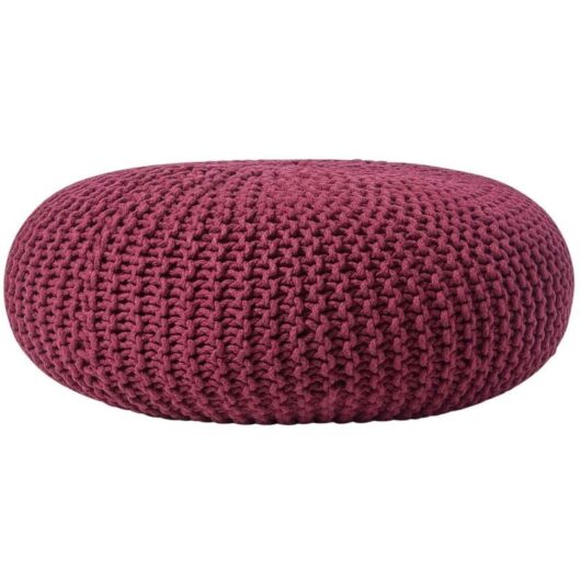 Plum Large Round Cotton Knitted Pouffe Footstool - Homescapes