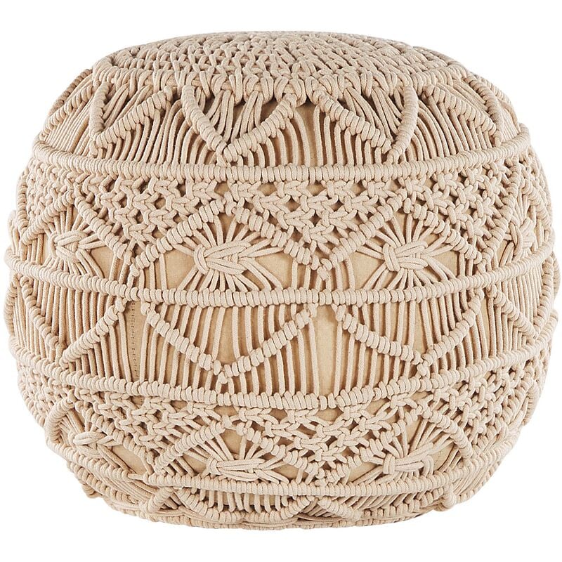 Pouffe Beige Boho Knitted Round Cotton Ottoman 40 x 40 cm Kayseri