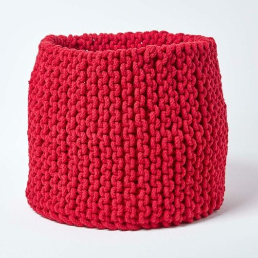 Red Cotton Knitted Round Storage Basket, 42 x 37 cm - Red - Homescapes