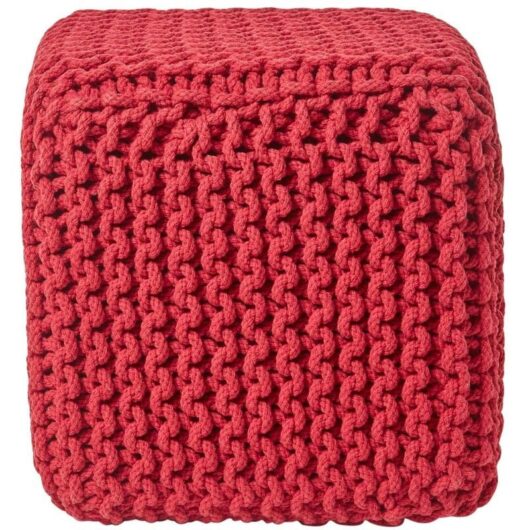 Red Cube Cotton Knitted Pouffe Footstool - Homescapes