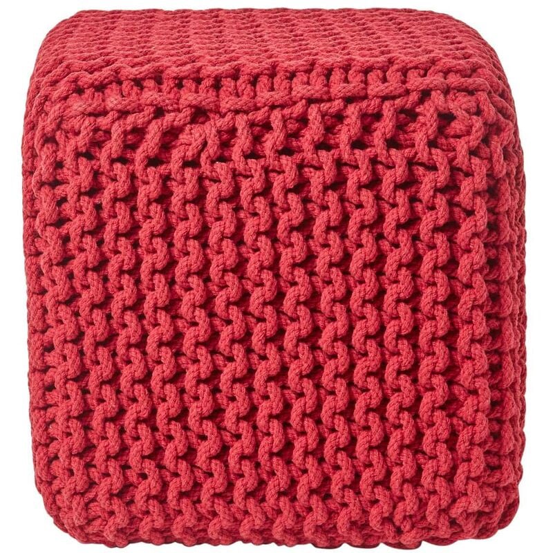 Red Cube Cotton Knitted Pouffe Footstool - Homescapes