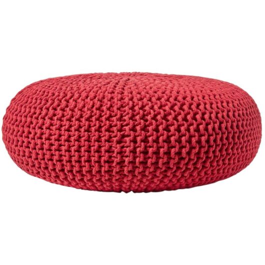 Red Large Round Cotton Knitted Pouffe Footstool - Homescapes