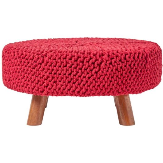 Red Round Cotton Knitted Footstool on Legs - Homescapes