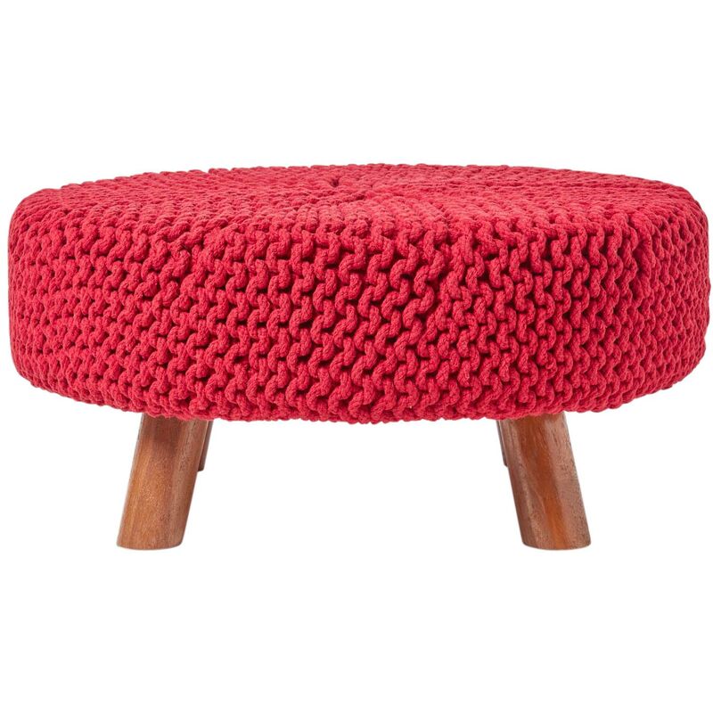 Red Round Cotton Knitted Footstool on Legs - Homescapes