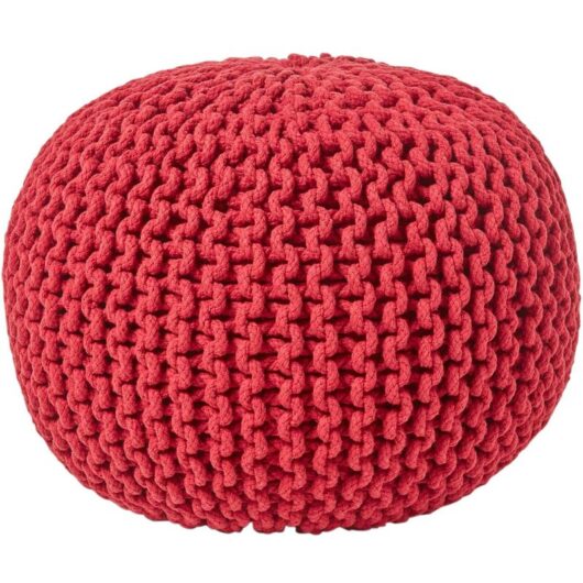 Red Round Cotton Knitted Pouffe Footstool - Homescapes