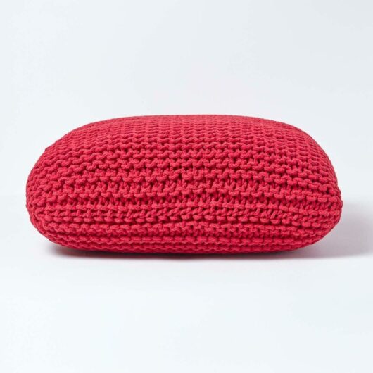 Red Square Cotton Knitted Pouffe Floor Cushion - Homescapes