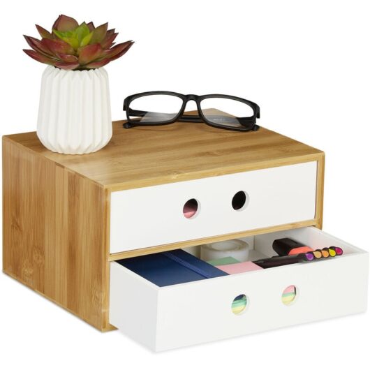 Relaxdays - Desk Organiser, 2 Drawers, Office Storage Box, HxWxD: 14 x 25 x 20 cm, Bamboo & mdf, White