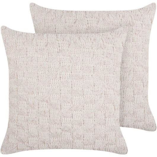 Set of 2 Scatter Cushions Cotton Throw Pillow Solid Pattern Knitted Cover 45 x 45 cm Beige Basalim