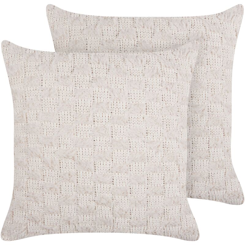 Set of 2 Scatter Cushions Cotton Throw Pillow Solid Pattern Knitted Cover 45 x 45 cm Beige Basalim