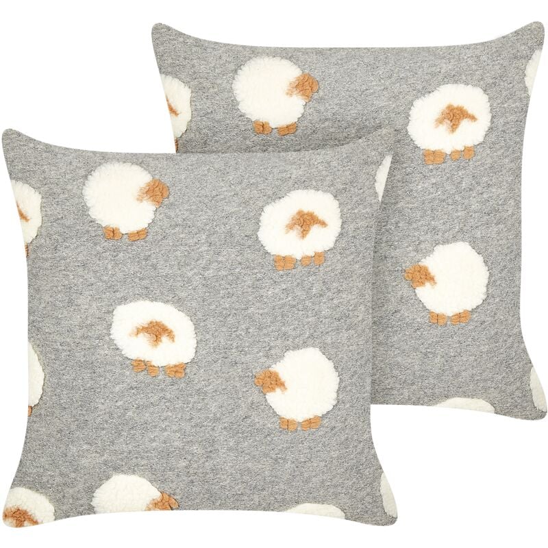 Set of 2 Scatter Cushions Polyester Fabric Throw Pillow Sheep Pattern Knitted 45 x 45 cm Grey Einadia