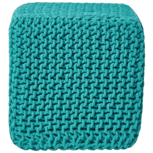 Teal Green Cube Cotton Knitted Pouffe Footstool - Homescapes