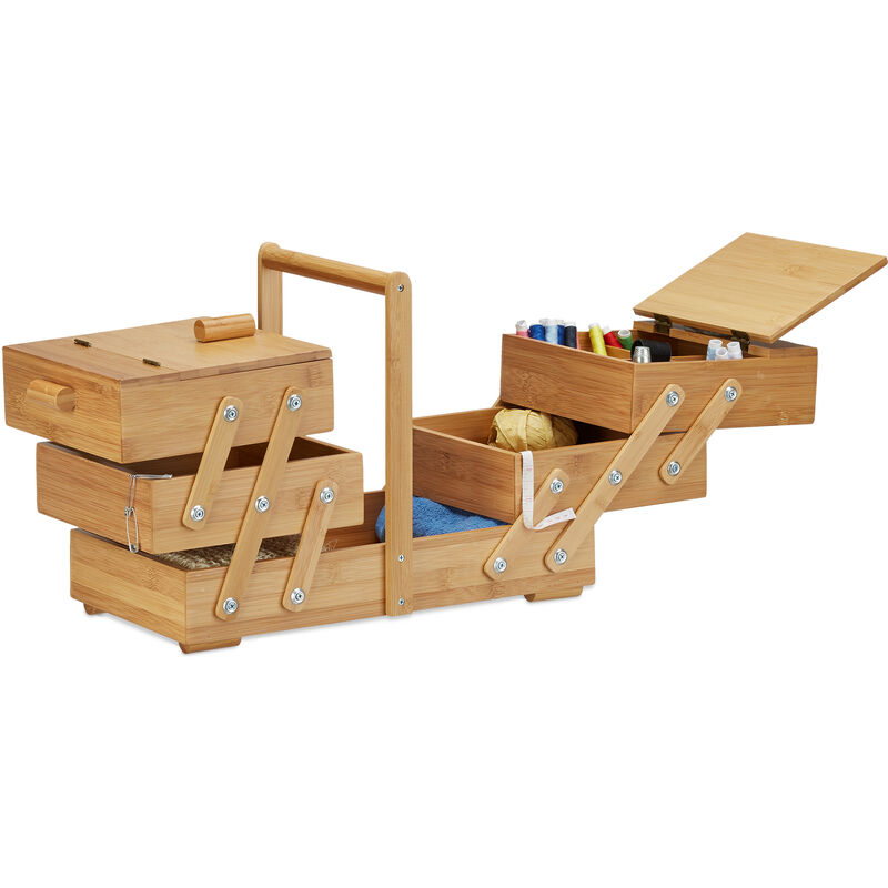 Xxl Bamboo Sewing Box, Many Compartments, Foldable, Empty Organizer Basket, hwd 30 x 44 x 22 cm, Natural - Relaxdays