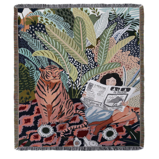 1 Piece 160x130cm Tiger and Woman Knitted Plaid Blanket Decorated with Fringes Bohemian Simple Soft Comfortable Protect Against Cold for Sofa Couch