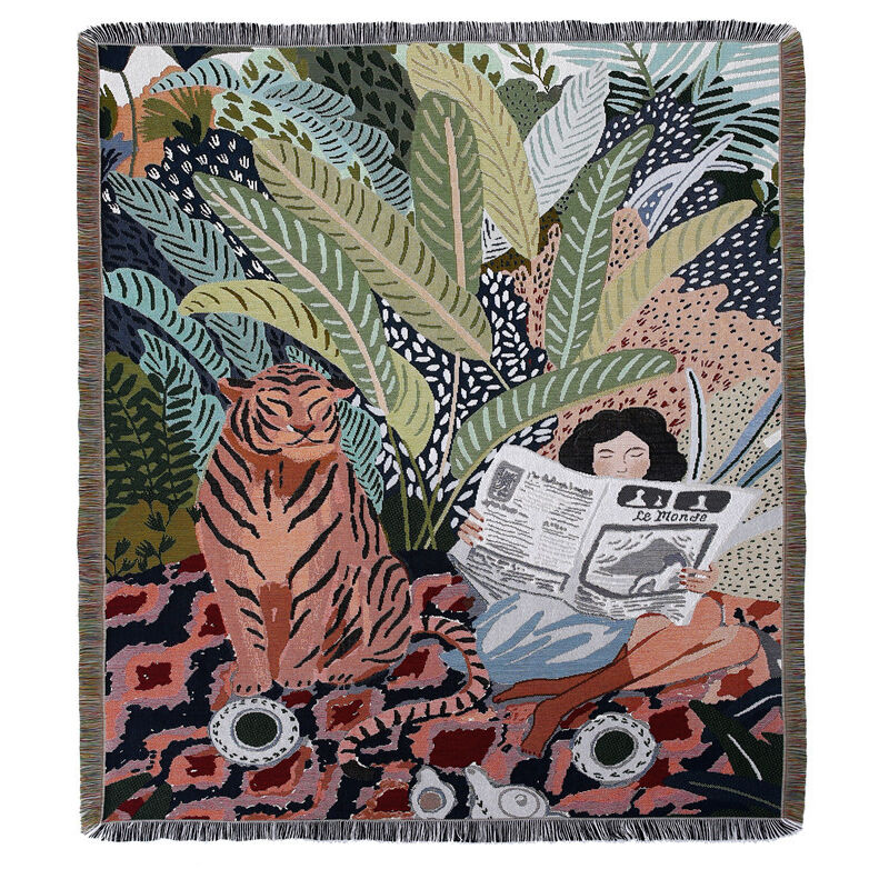1 Piece 160x130cm Tiger and Woman Knitted Plaid Blanket Decorated with Fringes Bohemian Simple Soft Comfortable Protect Against Cold for Sofa Couch