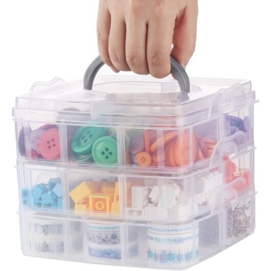 Bead Storage Box, 3 Tier Sorter Plastic Carrying Storage Box with Handle, Adjustable Plastic Sewing Storage Box for Toys, Jewelry, Crafts, Tools