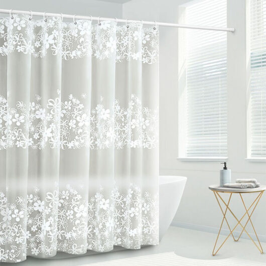 Curtain with Attached Valance for Bathroom, White Victorian Floral Sheer Knit, Shabby Chic Fabric Decor Set, w 72' x l 72'