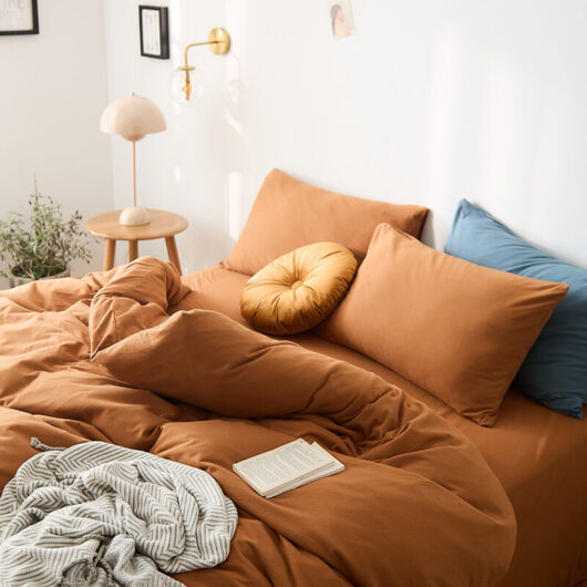 Fitted sheet Knitted cotton duvet cover 200x230cm cm washed cotton caramel brown solid color - natural wrinkled look duvet cover
