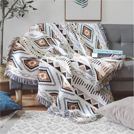 Geometric Patterns, 130x180cm) Sofa Blanket with Pompom, Couch Throws, Knitted Blanket, Aztec Ethnic Style Blanket, for Home, Office, Travel, Camping
