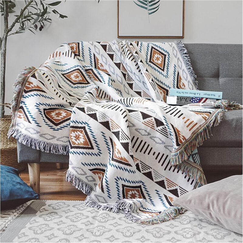 Geometric Patterns, 130x180cm) Sofa Blanket with Pompom, Couch Throws, Knitted Blanket, Aztec Ethnic Style Blanket, for Home, Office, Travel, Camping