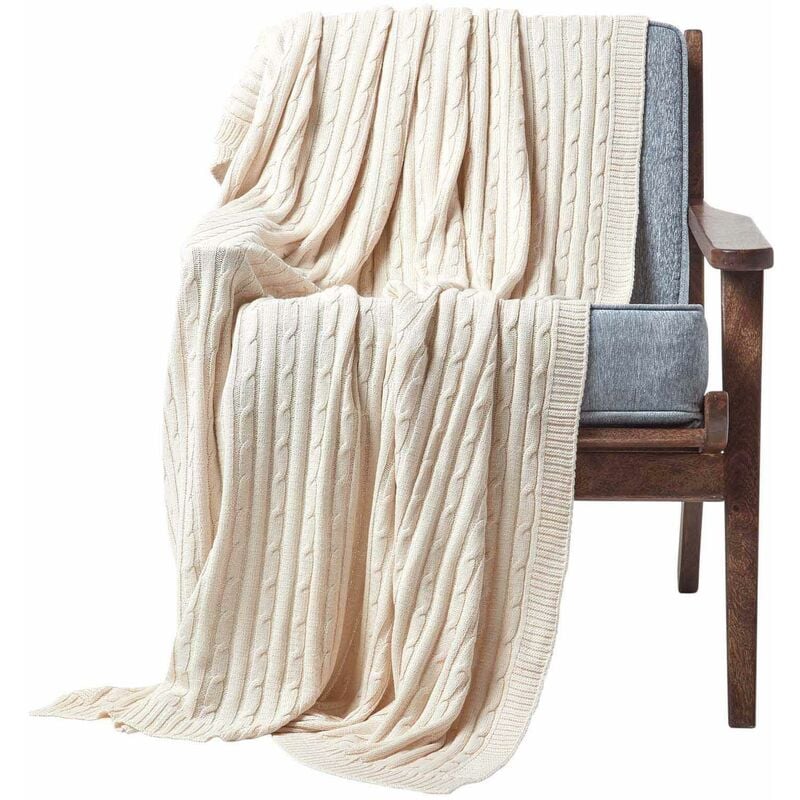 HOMESCAPES Cotton Cable Knit Throw, Natural, 150 x 200 cm