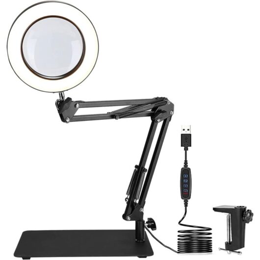 Ikodm - 72LED Desk Magnifying Glass Lamp, 5X Magnifying Glass with Daylight Light 1500 Lumens 3 Color Modes Adjustable Swivel Arm Magnifier for