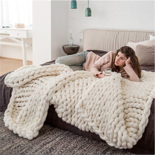 handmade chunky knit blanket, sofa blanket, wool cuddly blanket, wool blanket