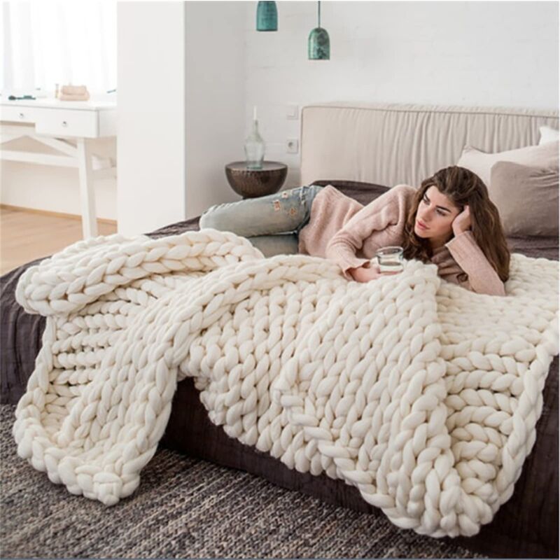 handmade chunky knit blanket, sofa blanket, wool cuddly blanket, wool blanket